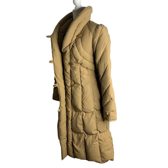 Vintage 80s Snowbird Goose Down Coat XS Tan Quilted Puffer High Collar Button Zi - Picture 5 of 10